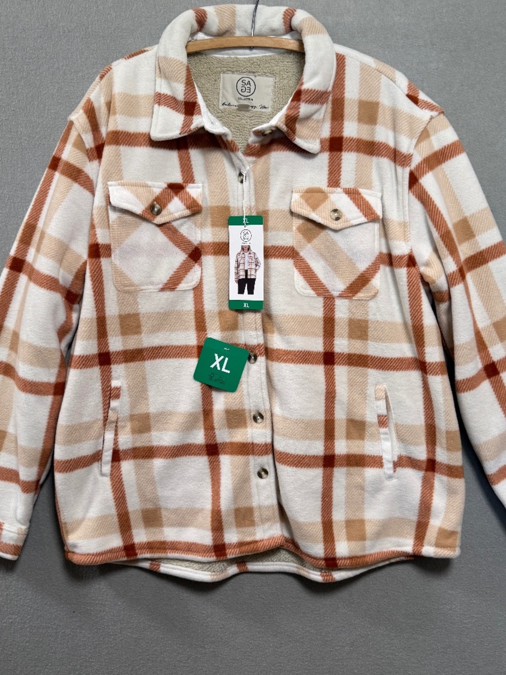 Sage Collective Sherpa Lined Plaid Shacket Jacket Orange Cream NWT Women XL